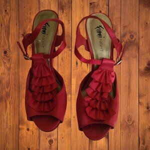 Fioni Night Women's Size 9 Red Satiny Ruffle Accent Strap 4" Heeled Sandals